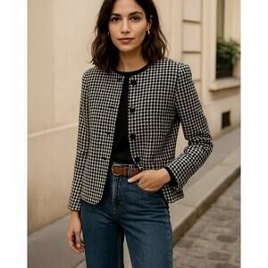 Sezane Vintage 6 Houndstooth Blazer LADY JACKET Blazer Button Up White Navy Blue